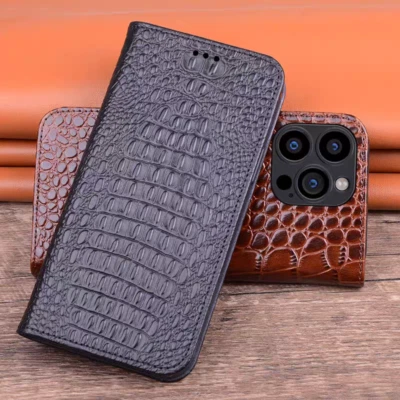 Genuine Leather Crocodile Flip Case Cover For iPhone 12 13 14 15 16 Air 17 Pro - Image 1 of 4