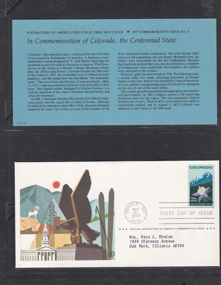 USA 1977 FIRST DAY COVER COLORADO STATEHOOD THE CENTENNIAL STATE + CARD + CACHET - Image 1 of 1