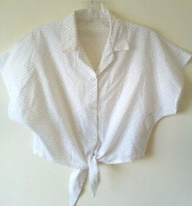 Vintage 90s Crop Spot Blouse Sz 10 Cotton Mix White Blue Green Red Polka Dot Tie - Picture 1 of 8