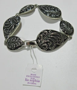 NEW SIGNED LIA SOPHIA ENAMEL TEARDROP LINK WRAP Black Silver tone metal Bracelet - Picture 1 of 3