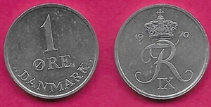 DENMARK 1 ORE 1970 C-S FREDERIK IX,CROWNED F IX R MONOGRAM DIVIDES DATE - Picture 1 of 1