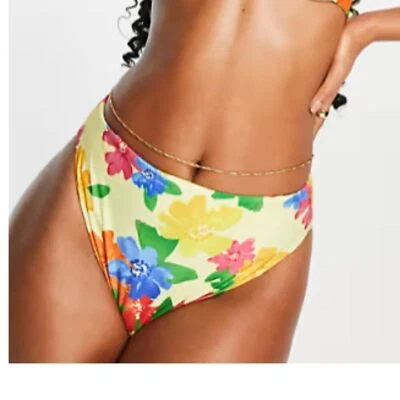 NUEVO DISEÑO ASOS Parte Inferior de Bikini Hipster Pierna Alta Amarillo Estampado Floral Talla 2 Foto 1 de 4