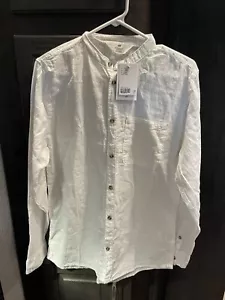 H&M Boys White Linen Long Sleeve Band Collar Shirt Resort Beachy - Picture 1 of 2