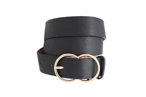 Women Black Faux Leather Night Evening Wear Belt Hip High Waist Gold Buckle S M - Picture 1 of 12