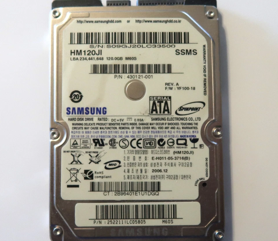 Samsung HM120JI 430121-001 F/W:YF100-18 REVA (SSMS) 2.5" 120gb Sata 2006.12 - Image 1 of 1