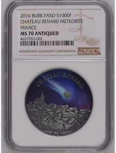 NGC MS70 Burkina Faso 2016 Meteorite Chateau-Renard 1oz Silver Coin 1000 Francs - Picture 1 of 2