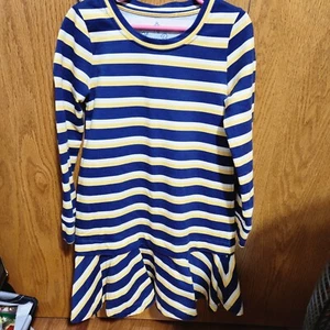 GIRLS CLASSIC PREP NAVY LONG SLEEVE YELLOW DRESS W/BOTTOM RUFFLE SIZE 7 NAUTICAL - Picture 1 of 5
