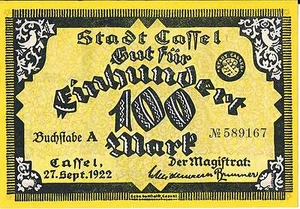 GERMANY NOTGELD STADT CASSEL 100 MARKS 27.09.1922 AUNC SERIES A - Picture 1 of 2