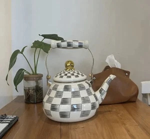 Enamel Kettle Checked In The Style Of Mackenzie Childs Stove Top 2L - Picture 1 of 6