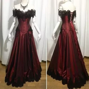 Gothic Wedding Dress Satin Burgundy Black Lace Applique Off Shoulder Bridal Gown - Picture 1 of 9