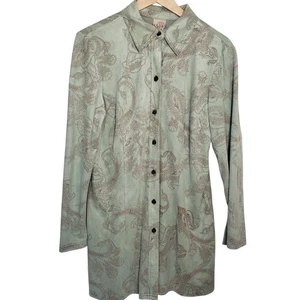 Vintage FL Malik Paisley Sage Green Button Down Tunic Top Suede Sz L Womens - Picture 1 of 9