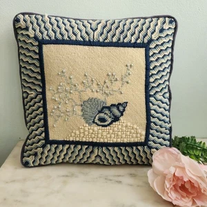Vintage Handmade Seashell Coral Needlepoint Pillow Blue Cream Wool Embroidered - Picture 1 of 4