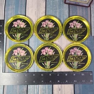 Rare Vintage Iris State Flower Of Tennessee Metal Tin Drink Coaster Set Of 6 - Picture 1 of 6