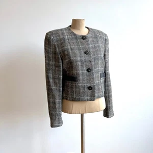 Y2K Era Karl Lagerfeld Tweed Blazer Cropped Moto Style grau kariert Gr. 6 8 - Bild 1 von 8