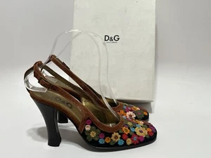 Vtg Dolce & Gabbana D&G 90s Black Suede Flower Applique Slingback Heels 36.5 - Picture 1 of 8