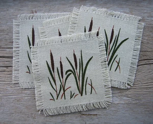 Set of 4 Vintage Lund Hand Silkscreened Cattails on Linen Coasters Cabincore - Picture 1 of 7
