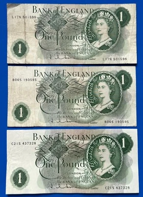 3x 1963 Bank of England Elizabeth II £1 One Pound Banknotes, Hollom      [32691] - Image 1 of 2