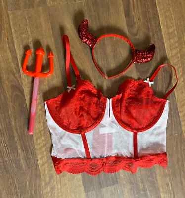 MUJER DISFRAZ DIABLO ROJO MEDIANO NUEVO TOP + HORQUILLA + CUERNOS Foto 1 de 4