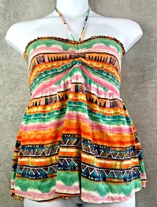No Boundaries Halter Top XXL 19 Aztec Bright Tie Neck Sleeveless Smocked Beach - Picture 1 of 12