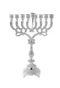 Traditional Silver Plated Menorah For Oil Or Candles Adorned Base 16" Tall - Picture 1 of 1