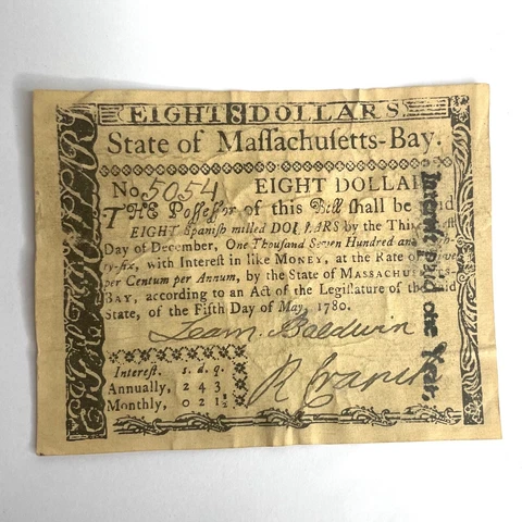 Colonial Currency / Note - Massachusettes - Eight Dollars Cover