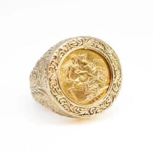 22ct 1912 Sovereign Coin Men's Ring Large 9ct Yellow Gold Mount Size W 1/2 #6... - Picture 1 of 14
