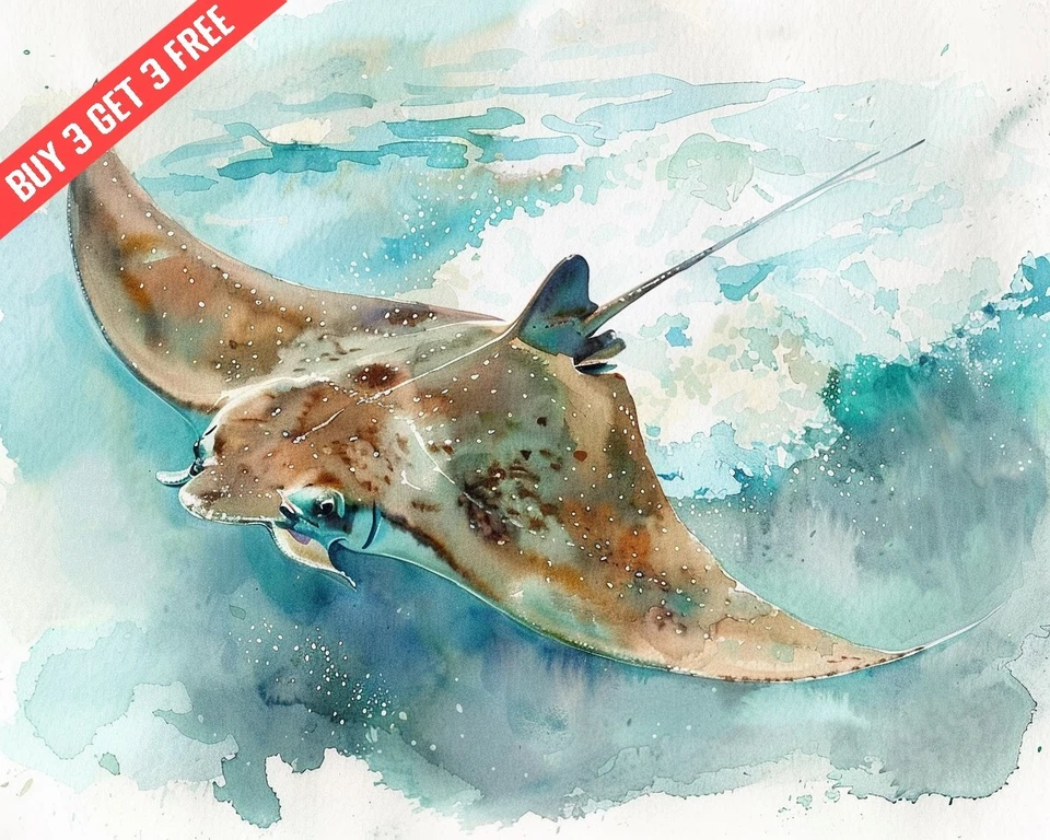 Stingray Gliding in the Sea Watercolor 8x10 Print