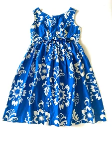 Vintage 1950s Waltah Clarke's Hawaiian Blue Hibiscus Dress Bow Sm Md S/M - Picture 1 of 20