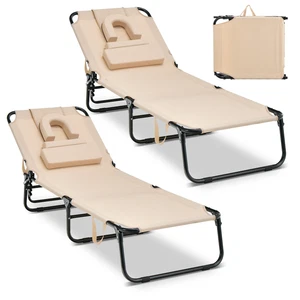 2 PCS Folding Face Down Tanning Chair, Beach Lounge Chair with Face Hole - Picture 1 of 10