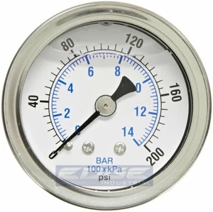 LIQUID FILLED PRESSURE GAUGE 0-200 PSI, 1.5" FACE, 1/8" NPT BACK MOUNT - Picture 1 of 2