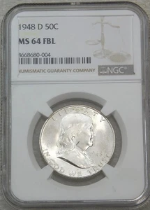 1948 D Franklin Half Dollar NGC MS64FBL Full Bell Lines Frosty Just Graded H179J - Picture 1 of 4