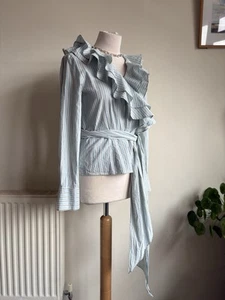 LAUREN RALPH LAUREN Blue Ruffle Wrap Shirt. M. 100% Cotton. Long Waist Ties - Foto 1 di 20