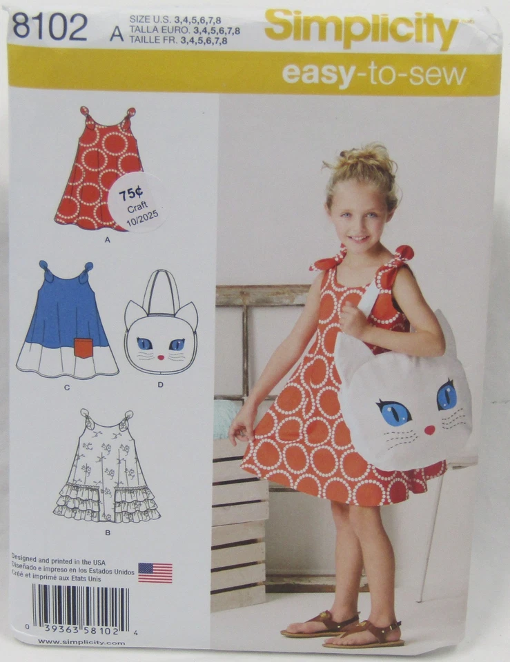 Simplicity 8102 Sewing Pattern Sew Childs Sundress and Kitty Tote Sizes 3 to 8