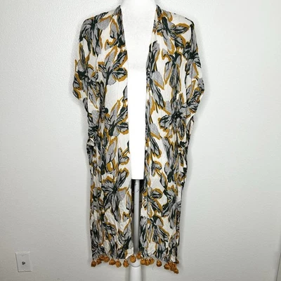 Kimono Nordstrom feminino creme amarelo verde estampa de folha com caneca frontal aberta sistema operacional - Imagem 1 de 4