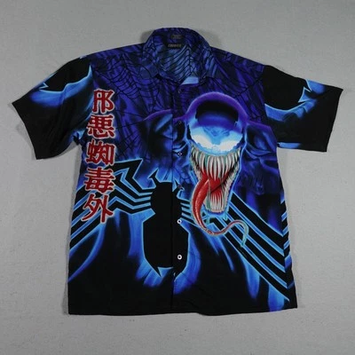 VTG Venom Marvel Shirt Men Large Mega Print Button Up Double Side Blue Y2K - Image 1 of 4