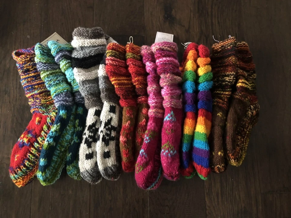 Hand Knitted Fairtrade Wool Socks House Bed Slipper Warmer Fleece Boot Nepal SL - Image 1 of 1