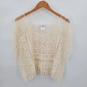 Womens Boho Floral Sleeveless Knit Cardigan Sweater Sz S Ivory Lace Fringe - Picture 1 of 9