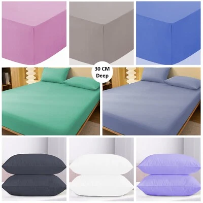 Extra Deep Full Fitted Sheet 30 Cm Bed Sheets Single Double King Super King Size - Image 1 of 4