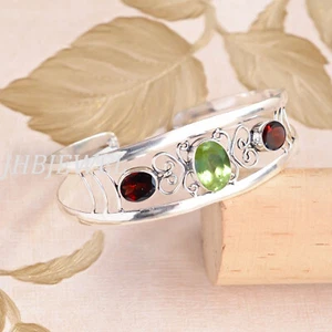 Faceted Peridot & Garnet Cut Gemstone 925 Sterling Silver Beauty Bangle Cuff - Picture 1 of 4