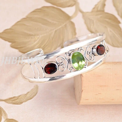 Faceted Peridot & Garnet Cut Gemstone 925 Sterling Silver Beauty Bangle Cuff - Image 1 of 4