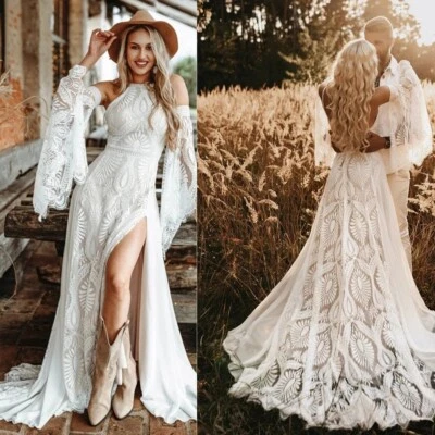 Vestido de novia bohemio de playa para mujer, vestido de novia de encaje personalizado manga larga Foto 1 de 4