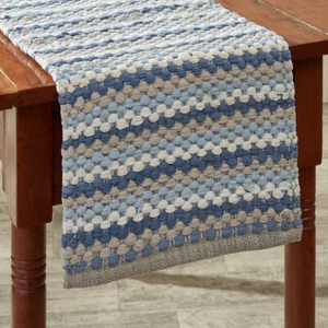 Aviary Cream Blue Chindi Heavy Woven Cotton Country Table Runner - Picture 1 of 3
