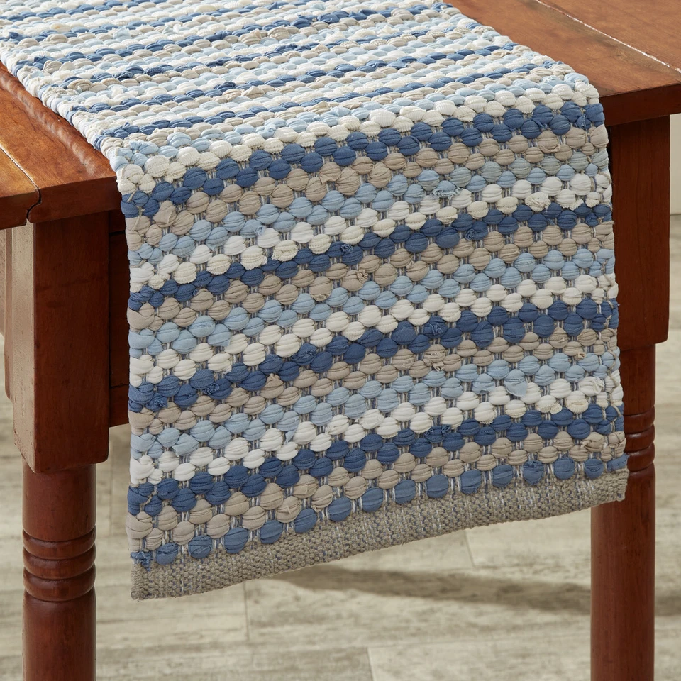 Aviary Cream Blue Chindi Heavy Woven Cotton Country Table Runner - Image 1 of 3