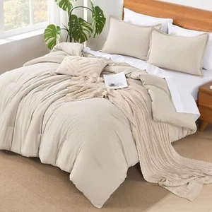 Beige California King Comforter Set - 7 Pieces Cream Bed in a Bag Cal King Be... - Picture 1 of 7