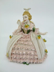 Dresden Art Seated Lady Figurine Porcelain Lace Fan Pink Ruffles Flowers Germany - Picture 1 of 9