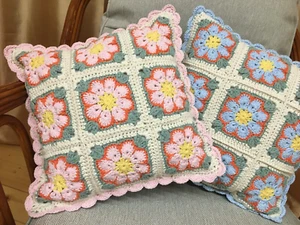 Hand Crocheted Cotton Two Sides "Eglantine Spring" Hand Made Cushion 15x15" - Picture 1 of 13