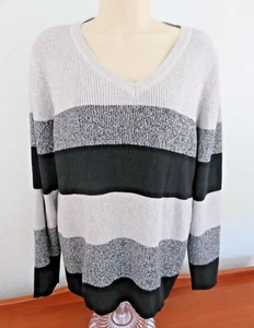 Karen Scott Woman's Black/Gray/White Striped Long Sleeve Sweater Size XL - Picture 1 of 5
