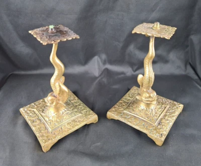 Paar Antike Messing Fisch-Kerzenständer wohl um 1800 Kerzenhalter alteHandarbeit - Bild 1 von 4