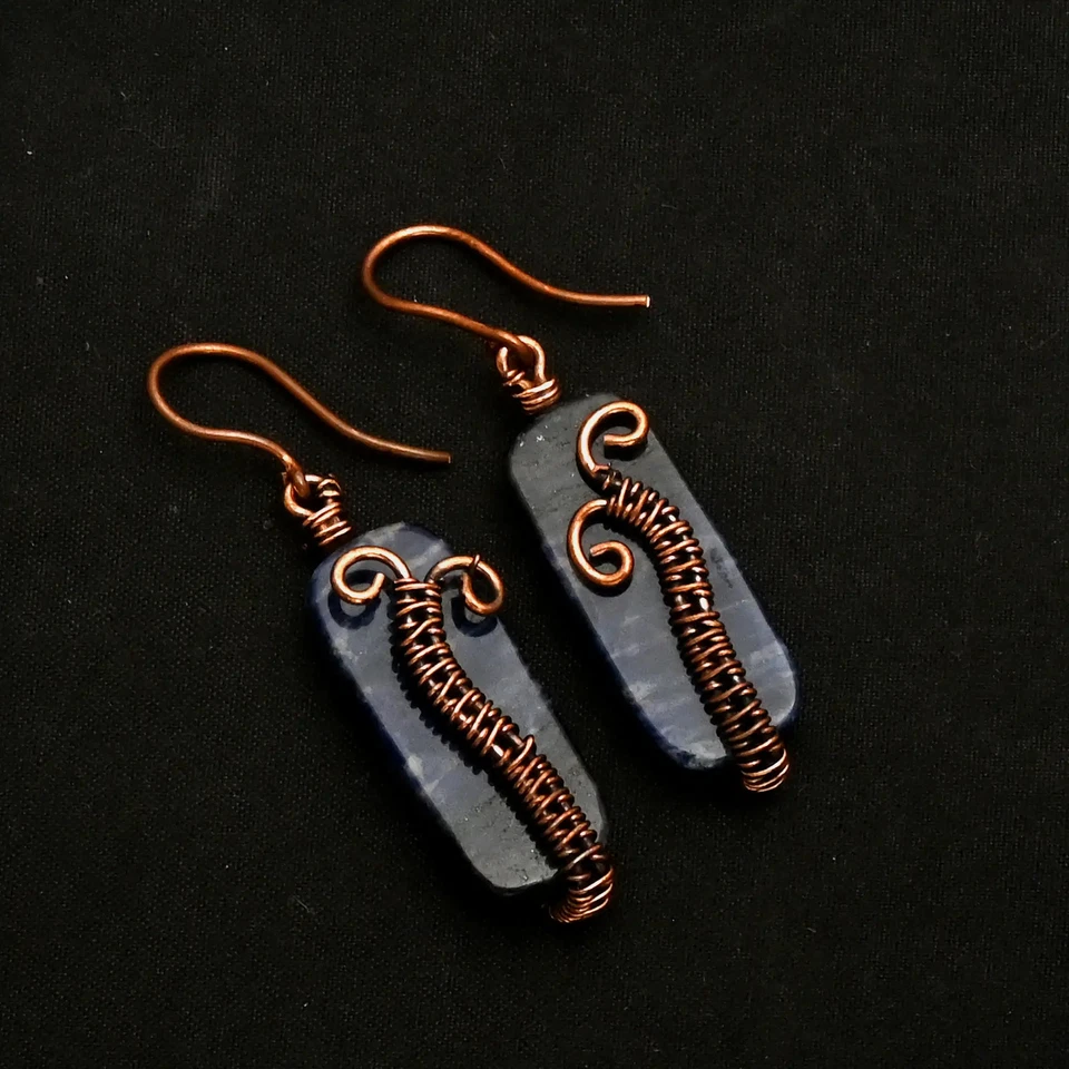 Sodalite Gemstone Drop Dangle Copper Wire Earrings Jewelry For Her 2.2" AE-99685 - Image 1 of 1