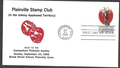 US FDC 1966 JOHNNY APPLESEED STAMP #1317 PLAINVILLE STAMP CLUB EVENT COVER - Image 1 of 2